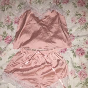 Baby Pink Silk Lingerie w/ White Lace